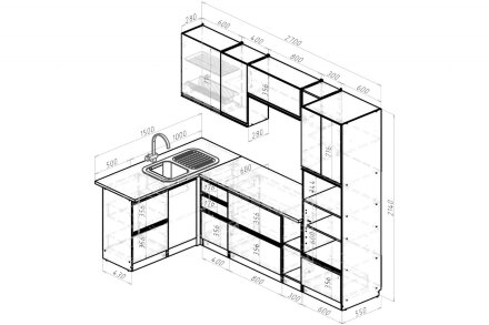 Кухонный гарнитур Ноктюрн мега прайм, 150х270 см 