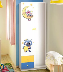 Шкаф 2-х дверный с ящиками, зеркалом и фотопечатью Совята 2.1