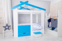 Кровать Теремок, белый-лазурь 