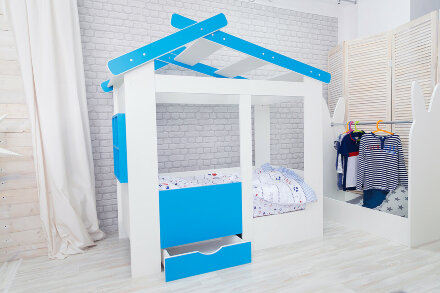 Кровать Теремок, белый-лазурь  