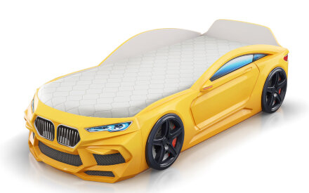 Кровать-машина Romeo с матрасом и подсветкой фар, желтая 