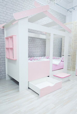Кровать Теремок белый-розовый  