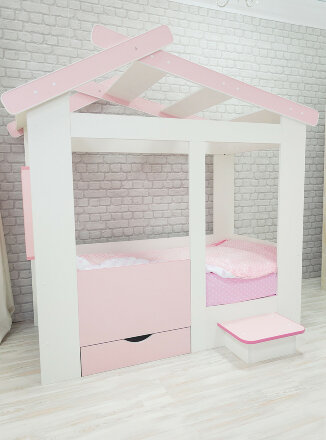Кровать Теремок белый-розовый  