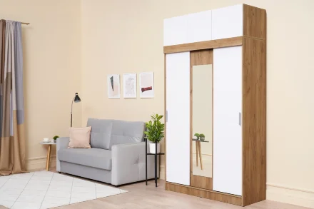 Шкаф-купе с антресолью Роджина дуб крафт / белый глянец  