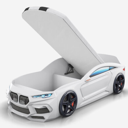 Кровать-машина Romeo-М с матрасом, ящиком для белья и подсветкой фар, белая 