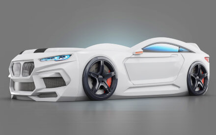 Кровать-машина Romeo-М с матрасом, ящиком для белья и подсветкой фар, белая 