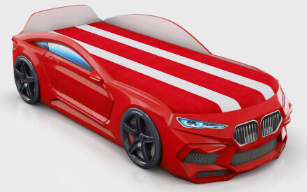 Кровать-машина Romeo-М с матрасом, ящиком для белья и подсветкой фар, красная 