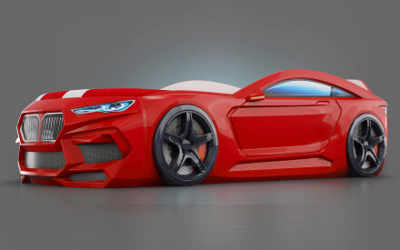 Кровать-машина Romeo-М с матрасом, ящиком для белья и подсветкой фар, красная 