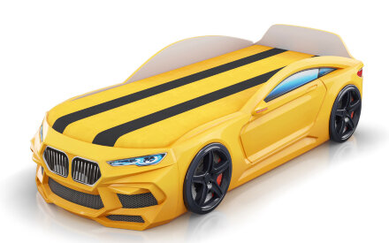 Кровать-машина Romeo-М с матрасом, ящиком для белья и подсветкой фар, желтая 