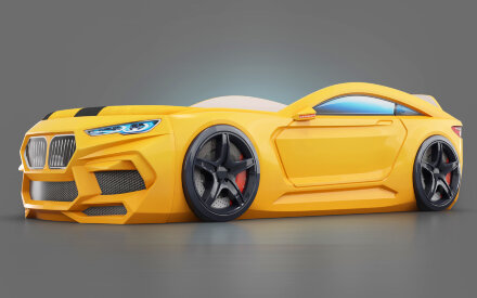 Кровать-машина Romeo-М с матрасом, ящиком для белья и подсветкой фар, желтая 