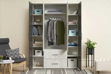 Шкаф 4-х створчатый с зеркалом Фиеста New, Дуб крафт белый / Графит 