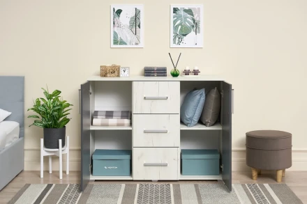 Комод (3 ящика, 2 двери) Фиеста New, Дуб крафт белый / Графит 