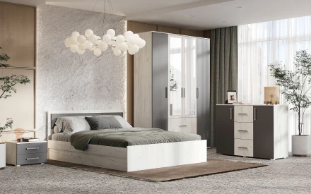 Кровать двуспальая с подъемным механизмом Фиеста New, Дуб крафт белый / Графит 