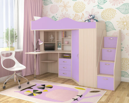 Кровать-чердак Пионер 1, Дуб молочный/Ирис 