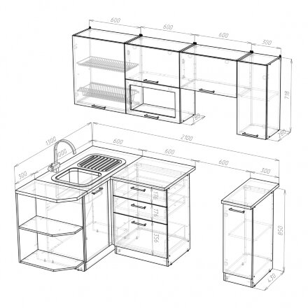 Кухонный гарнитур Лира прайм, 130х210 см 