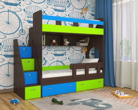 Кровать 2-х ярусная Юниор-1, Дуб - Лайм/Голубой  