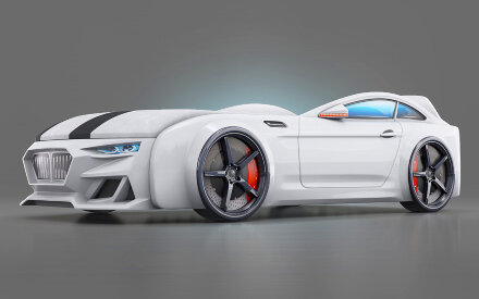 Кровать-машинка с матрасом, подъемным механизмом и подсветкой фар Dynamic-М Белый  