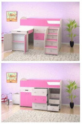 Кровать-чердак Малыш Белое дерево/Розовый 