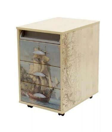 Тумба выкатная 3 ящика с рисунком цветы/фрегат 