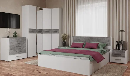 Кровать двуспальная Бьянка, Белый/Бетон светлый 